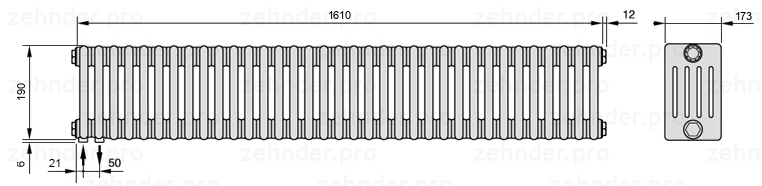 Схема (чертеж) Радиатор Zehnder Charleston 5019/35 №3370 Белый глянцевый RAL 9016